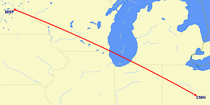 перелет Колумбус — Миннеаполис на карте
