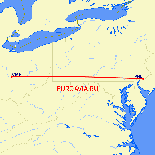 перелет Колумбус — Филадельфия на карте