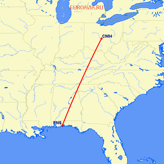 перелет Колумбус — Pensacola на карте