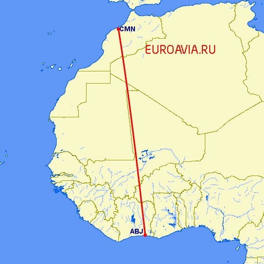 перелет Касабланка — Абиджан на карте