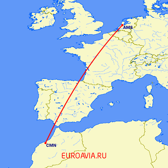 перелет Касабланка — Амстердам на карте