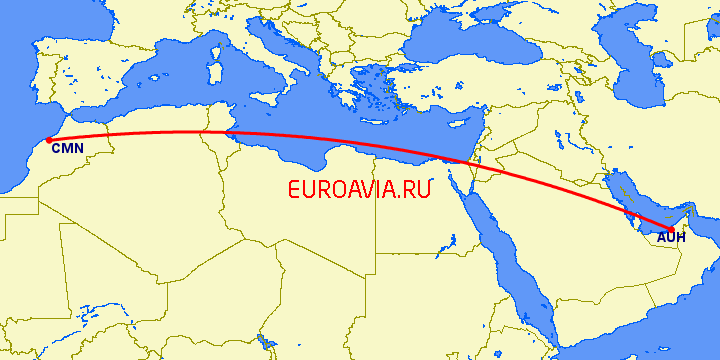 перелет Касабланка — Абу Даби на карте