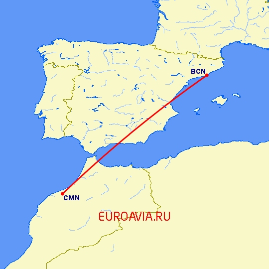 перелет Касабланка — Барселона на карте