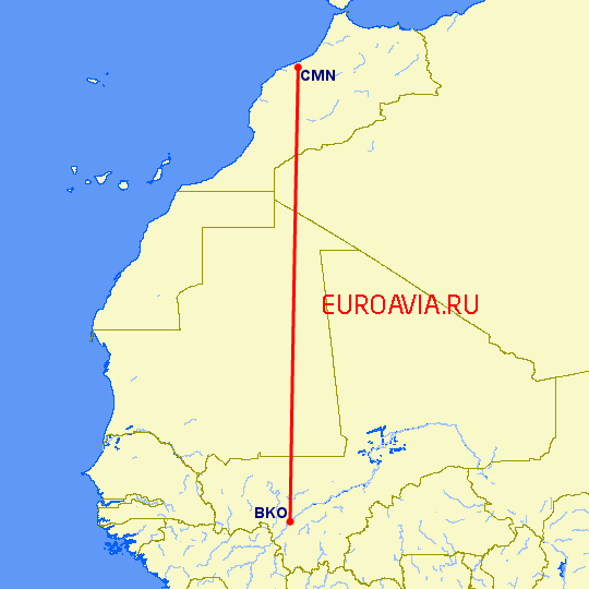 перелет Касабланка — Бамако на карте