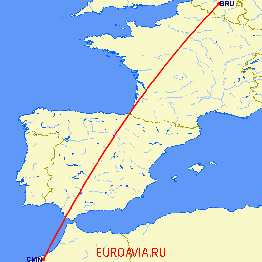 перелет Касабланка — Брюссель на карте