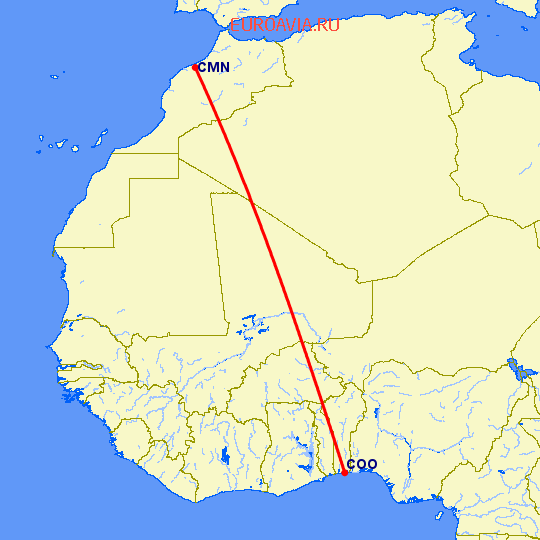 перелет Касабланка — Cotonou на карте