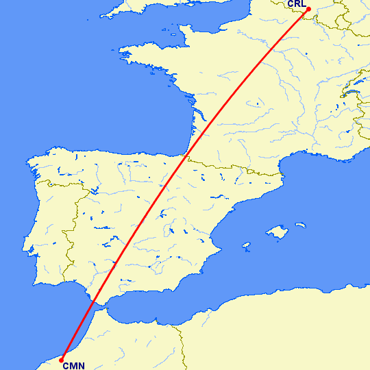перелет Касабланка — Шарлеруа на карте