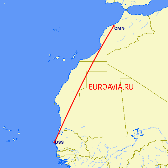 перелет Касабланка — Дакар на карте