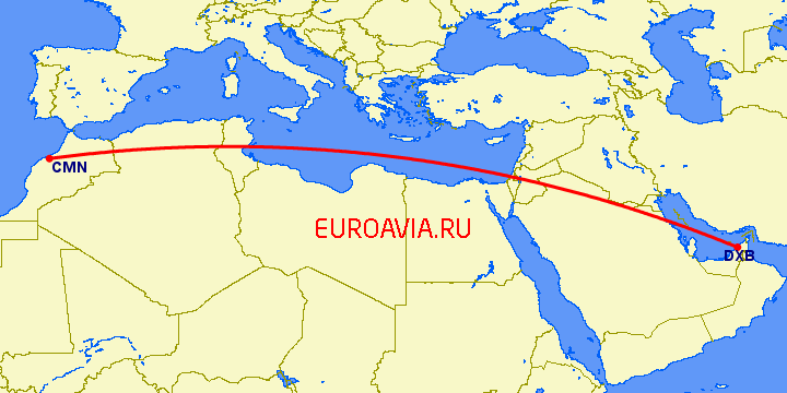 перелет Касабланка — Дубай на карте