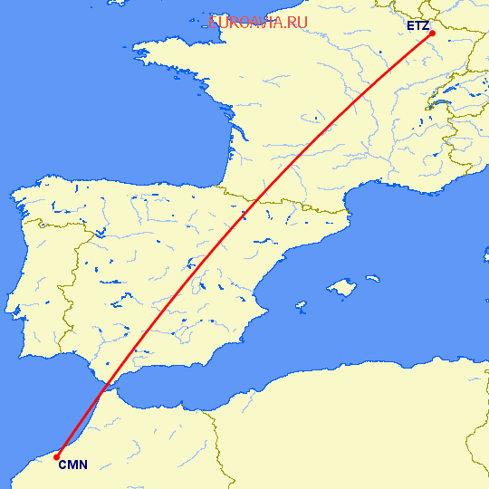 перелет Касабланка — Мец-Нанси на карте