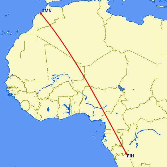 перелет Касабланка — Киншаса на карте