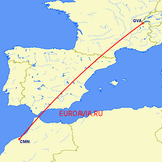 перелет Касабланка — Женева на карте