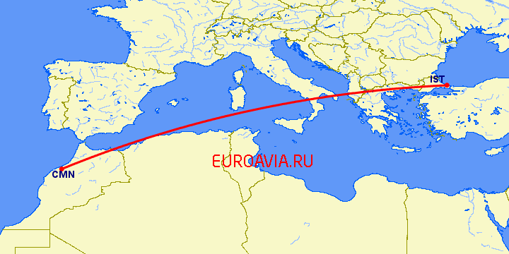 перелет Касабланка — Стамбул на карте