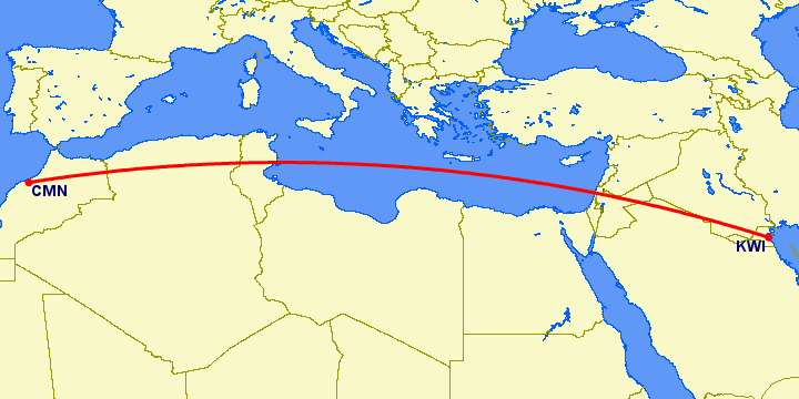 перелет Касабланка — Кувейт на карте