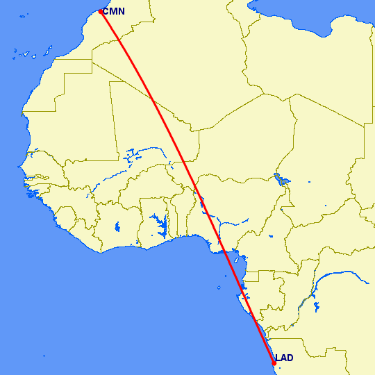 перелет Касабланка — Луанда на карте