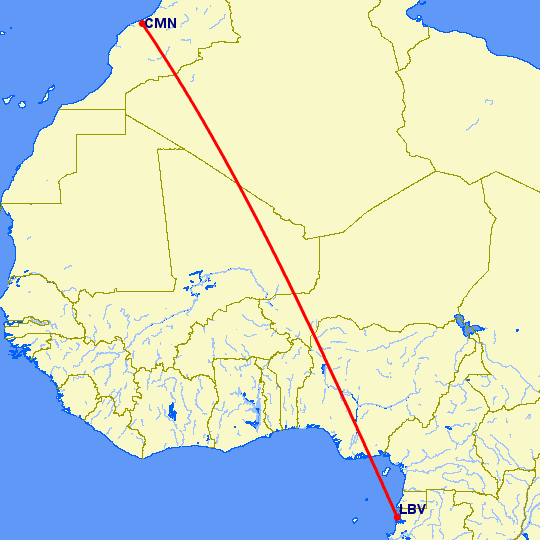 перелет Касабланка — Либревилль на карте