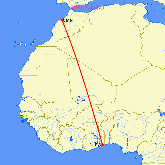 перелет Касабланка — Ломе на карте