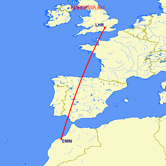 перелет Касабланка — Лондон на карте