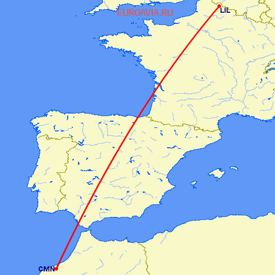перелет Касабланка — Лилль на карте