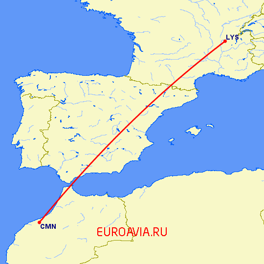 перелет Касабланка — Лион на карте