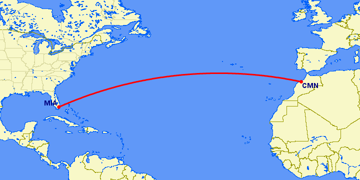 перелет Касабланка — Майами на карте