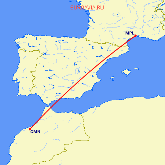 перелет Касабланка — Монпелье на карте