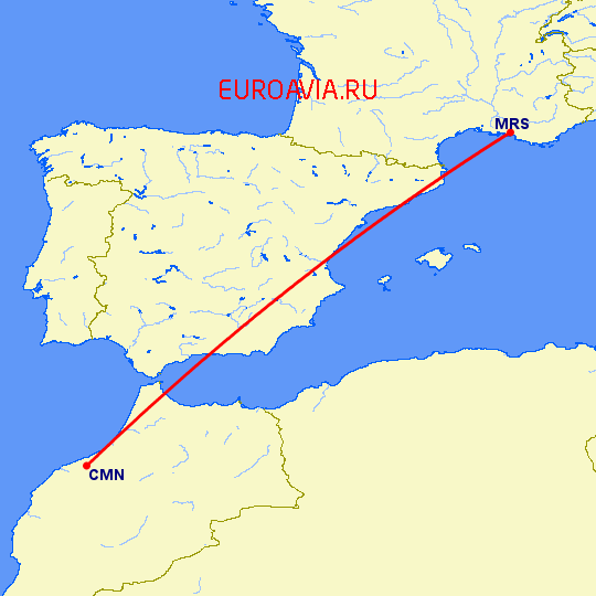 перелет Касабланка — Марсель на карте