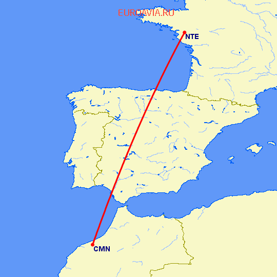 перелет Касабланка — Нант на карте
