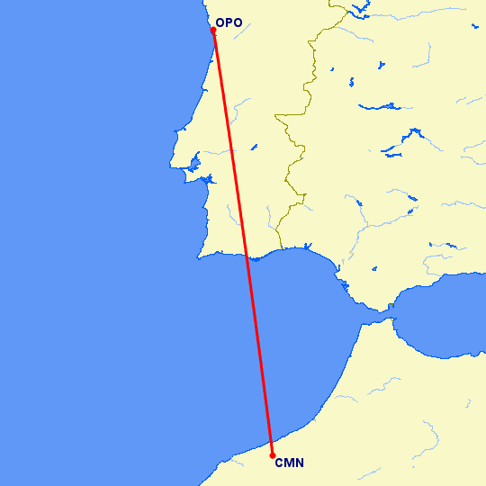 перелет Касабланка — Порту на карте