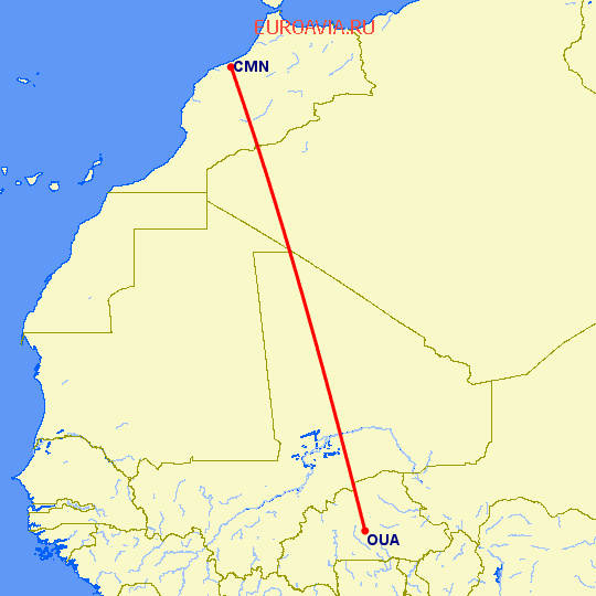перелет Касабланка — Уагадугу на карте