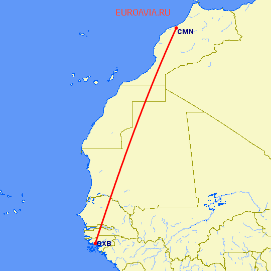 перелет Касабланка — Bissau на карте