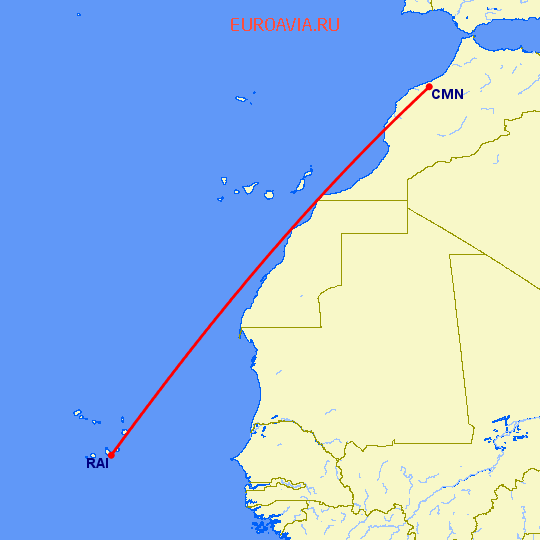 перелет Касабланка — Praia на карте