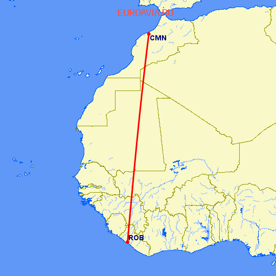 перелет Касабланка — Монровия на карте