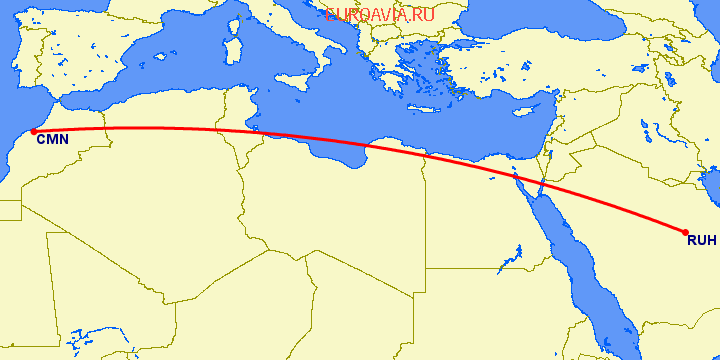 перелет Касабланка — Эр Рияд на карте