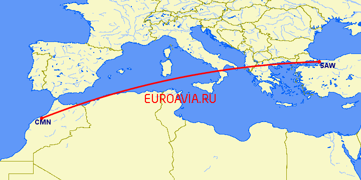 перелет Касабланка — Стамбул на карте