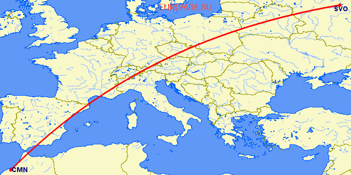 перелет Касабланка — Москва на карте