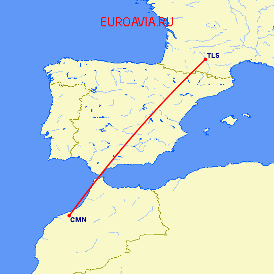 перелет Касабланка — Тулуза на карте