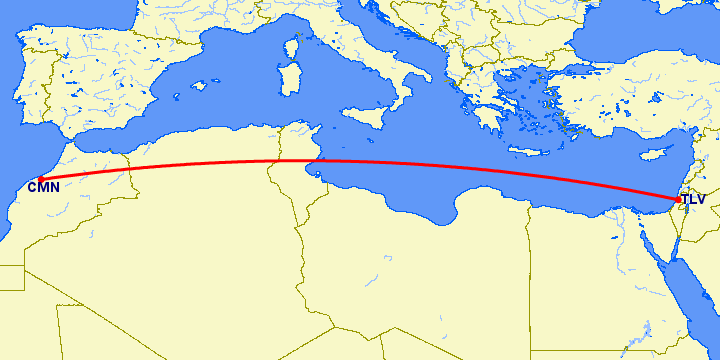 перелет Касабланка — Тель Авив на карте