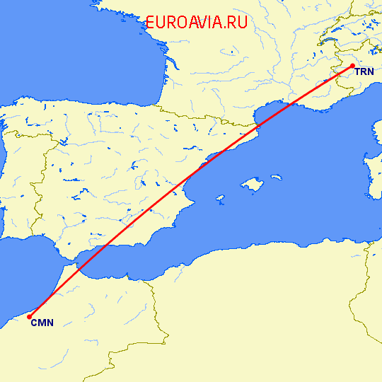 перелет Касабланка — Турин на карте