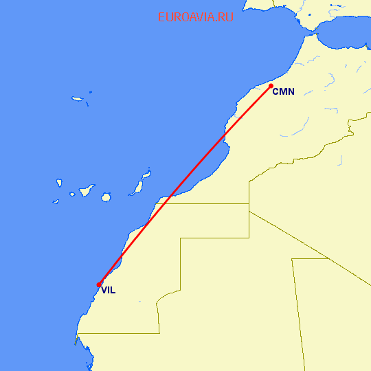 перелет Касабланка — Dakhla на карте