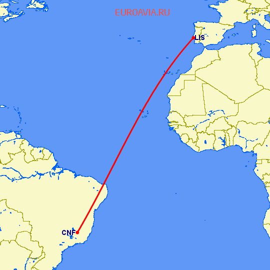 перелет Белу Оризонте — Лиссабон на карте