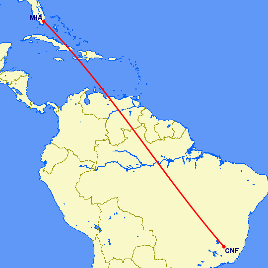 перелет Белу Оризонте — Майами на карте