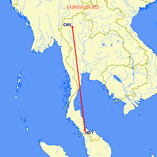 перелет Чианг Май — Хат Яй на карте