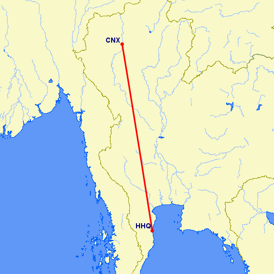 перелет Чианг Май — Хуа Хин на карте