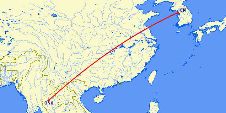 перелет Чианг Май — Сеул на карте