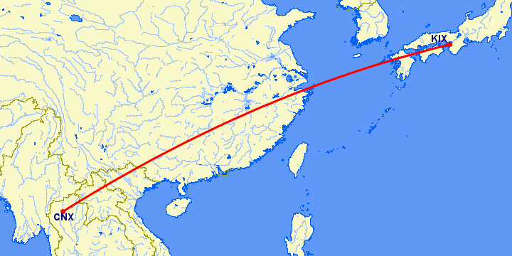 перелет Чианг Май — Осака на карте