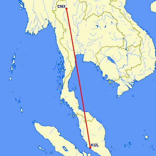 перелет Чианг Май — Куала Лумпур на карте