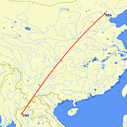 перелет Чианг Май — Пекин на карте