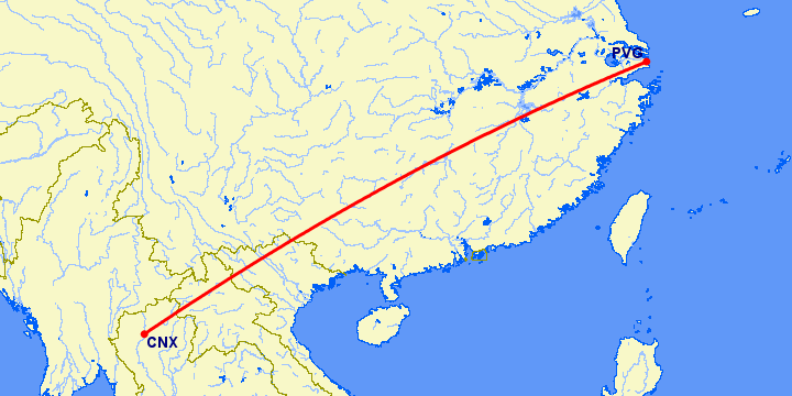 перелет Чианг Май — Шанхай на карте