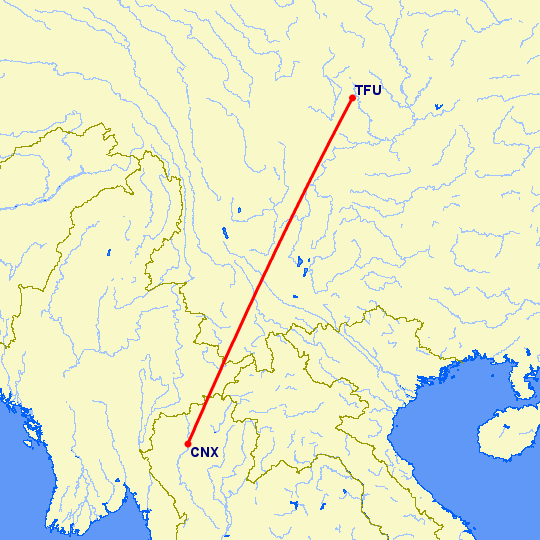 перелет Чианг Май — Чэнду Тяньфу на карте